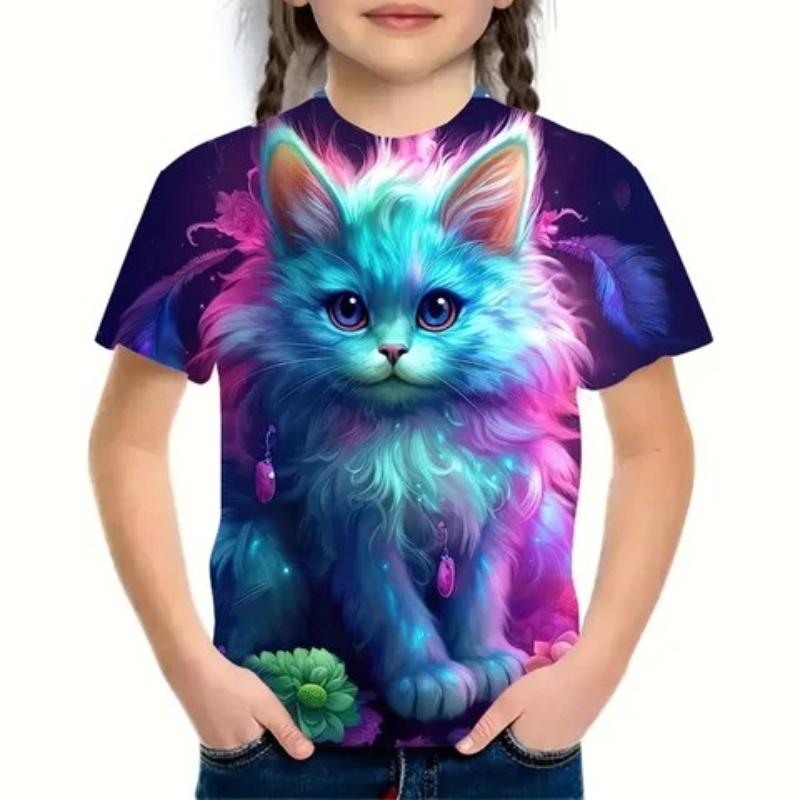 T-shirts Mignons Multicolores Tie Dye à Imprimé Chatons Dessin Animé pour Enfants Filles T-shirt Tendance Doux et Confortable