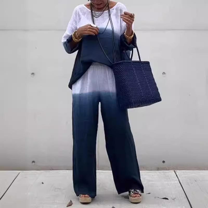 Damen Set Modisches Baumwoll- und Leinen-Verlaufs-Langarm-Rundhals-Oberteil und Gerade Hose Zweiteiler