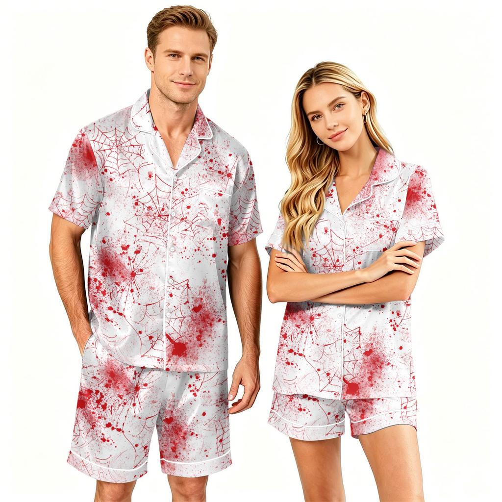 Couples Halloween Pajama Set Short Sleeve Button Down Shirt and Shorts Soft Casual Sleepwear S to XXXXL Matching Loungewear
