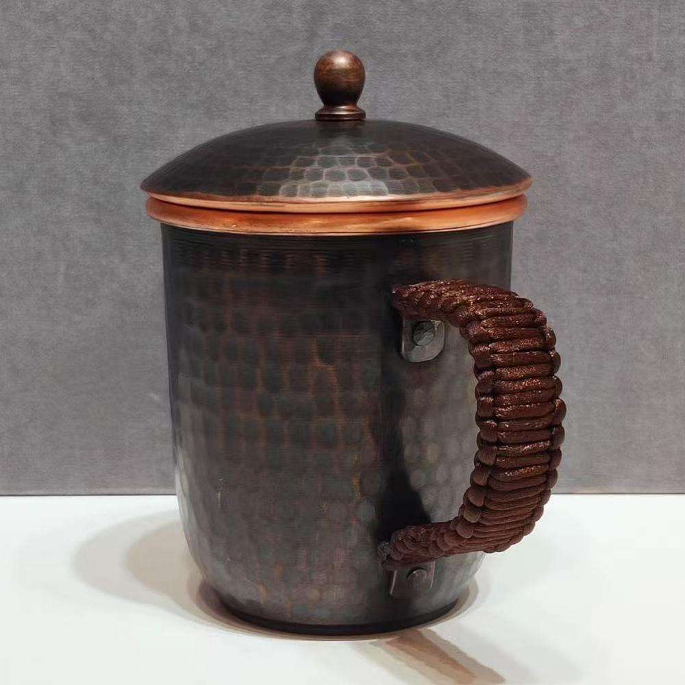 Handcrafted Vintage Copper Coffee Cup,Engraving Hammer Texture With lid 300 ml Milk Tea Beer Mug,Woven Handle Tea Cup Tableware