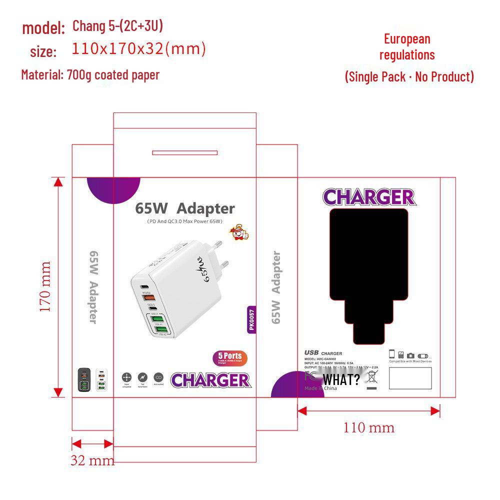 65W Multi-Port Mobile Charger, Fast Travel Adapter with European/UK/US Plug, 3.1A, 2C+3A
