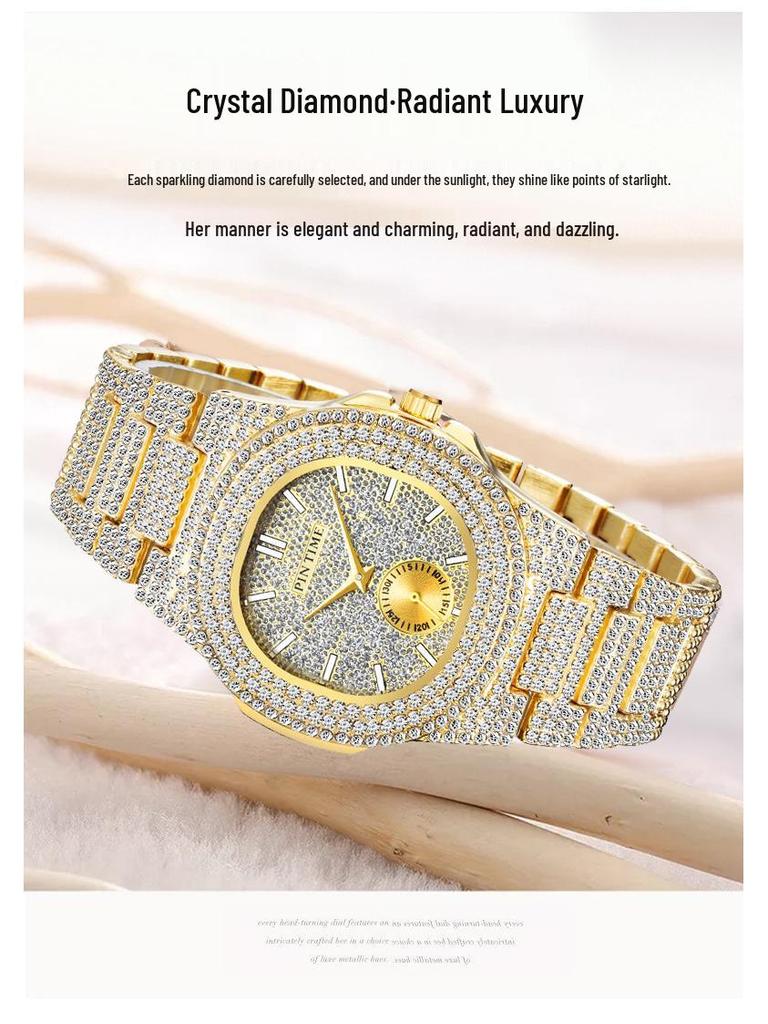 Pinshi Women's High-End Luxury Quartz Watch with Full Diamond Design, Waterproof for Women