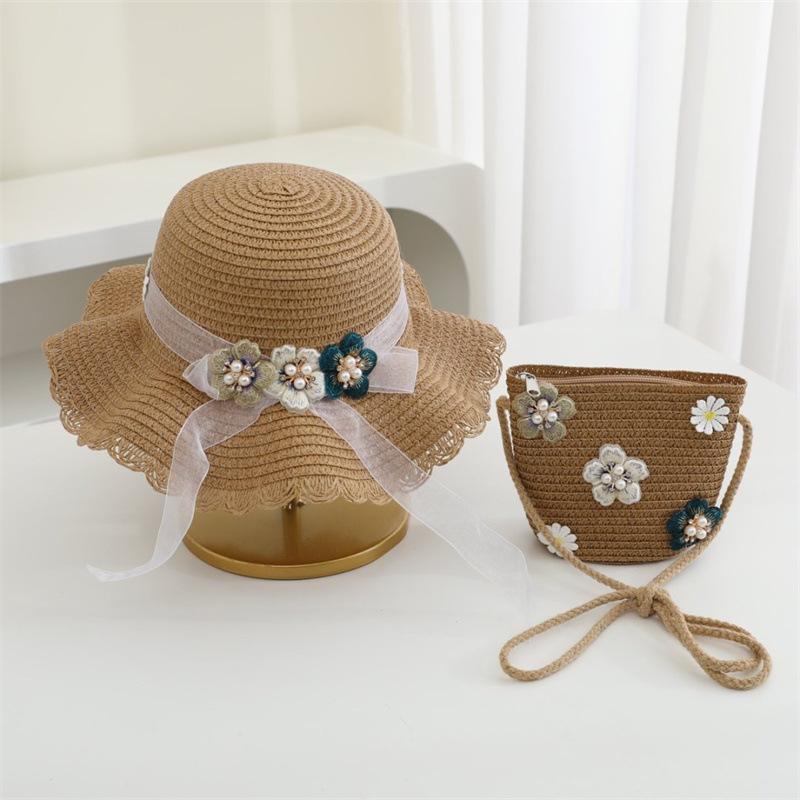 New Fashion Beach Hat Cute Outdoor Parent-child Hats 2-piece Womens Beach Set Sun Hat and Woven Bag Lightweight and Breathable
