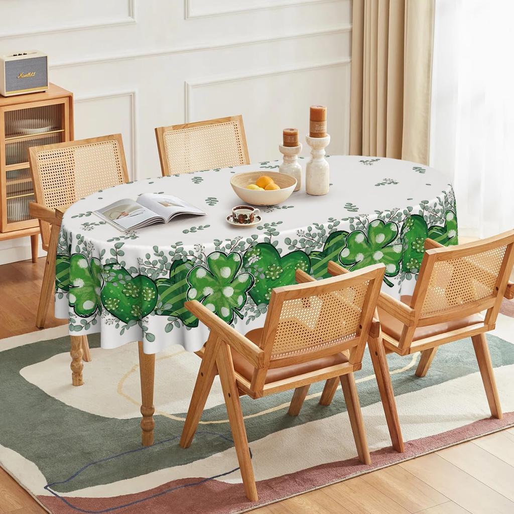 Horaldaily St. Patrick's Day Tablecloth 60×84 Inch Oval, Shamrock Love Heart Eucalyptus Washable Seasonal Table Cover for Party Picnic Dinner Decor