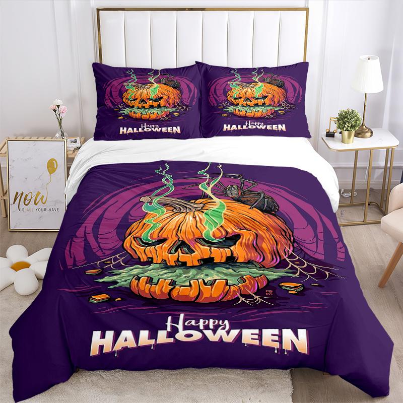 3pcs Spooky Halloween Pumpkin Bedding Set - 1 Soft Quilt Cover + 2 Pillowcases, Machine Washable - Suitable for All Seasons, Perfect Gift Fo