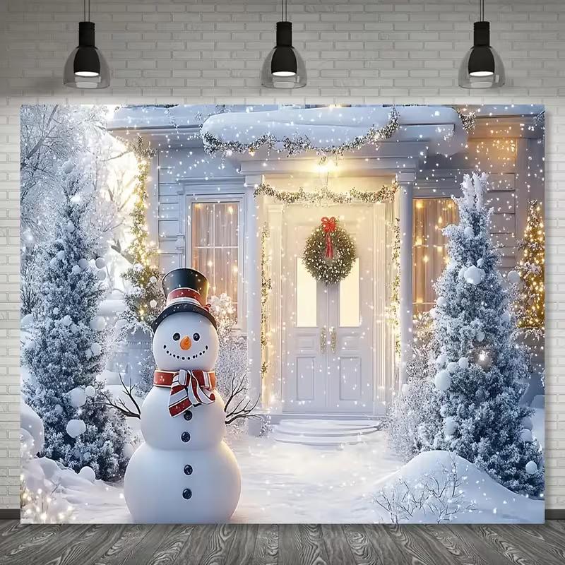 2D Weihnachten Winter Kulisse Schneemann Verschneites Haus Feiertags Fotografie Hintergrund