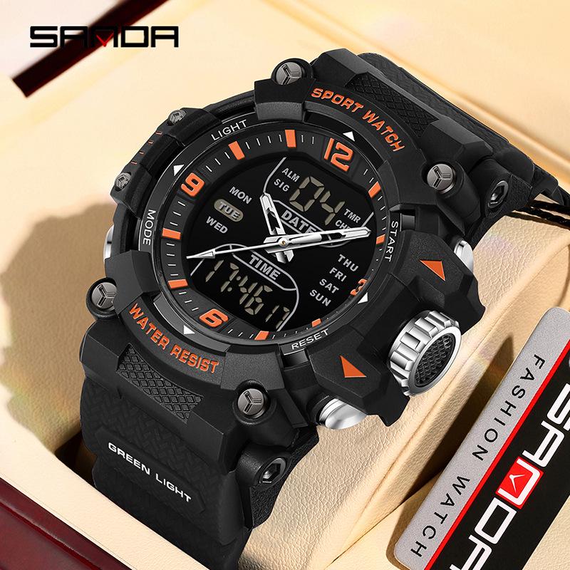 Sanda Dual-Movement Sports Watch with Countdown, Alarm, Night Light, Waterproof, and Multi-Function Features for Students.