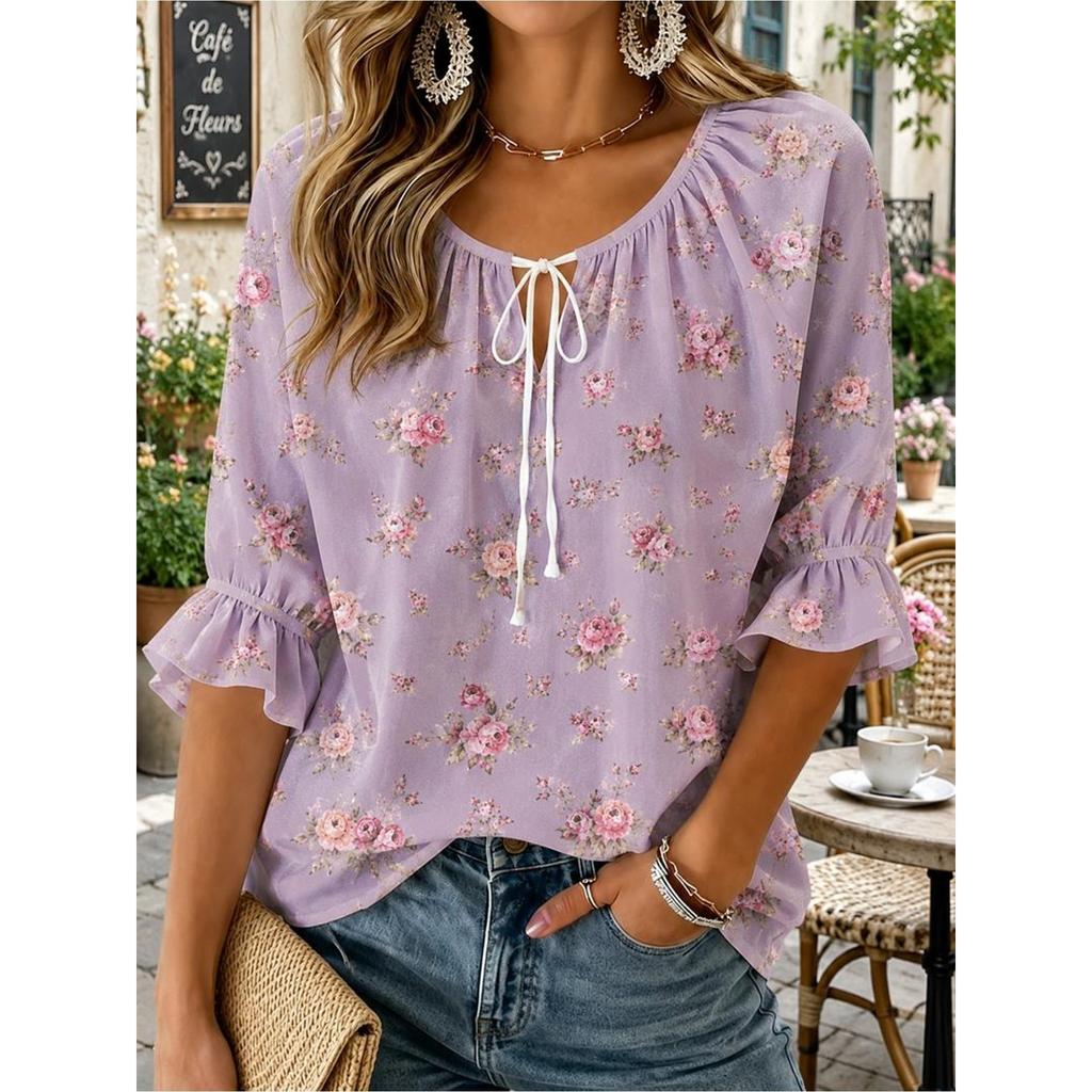 Women's Round Neck Tie Front Leaf Print 3/4 Ruffle Sleeve Blouse Dating Office Daily Spring Summer Tops