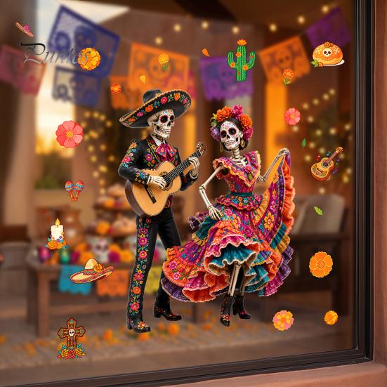 Durable Sunproof Glass Stickers Day of The Dead Window Clings, Halloween Double-Sided Skull Sticker, Versatile Indoor Outdoor Decorations Colorful
