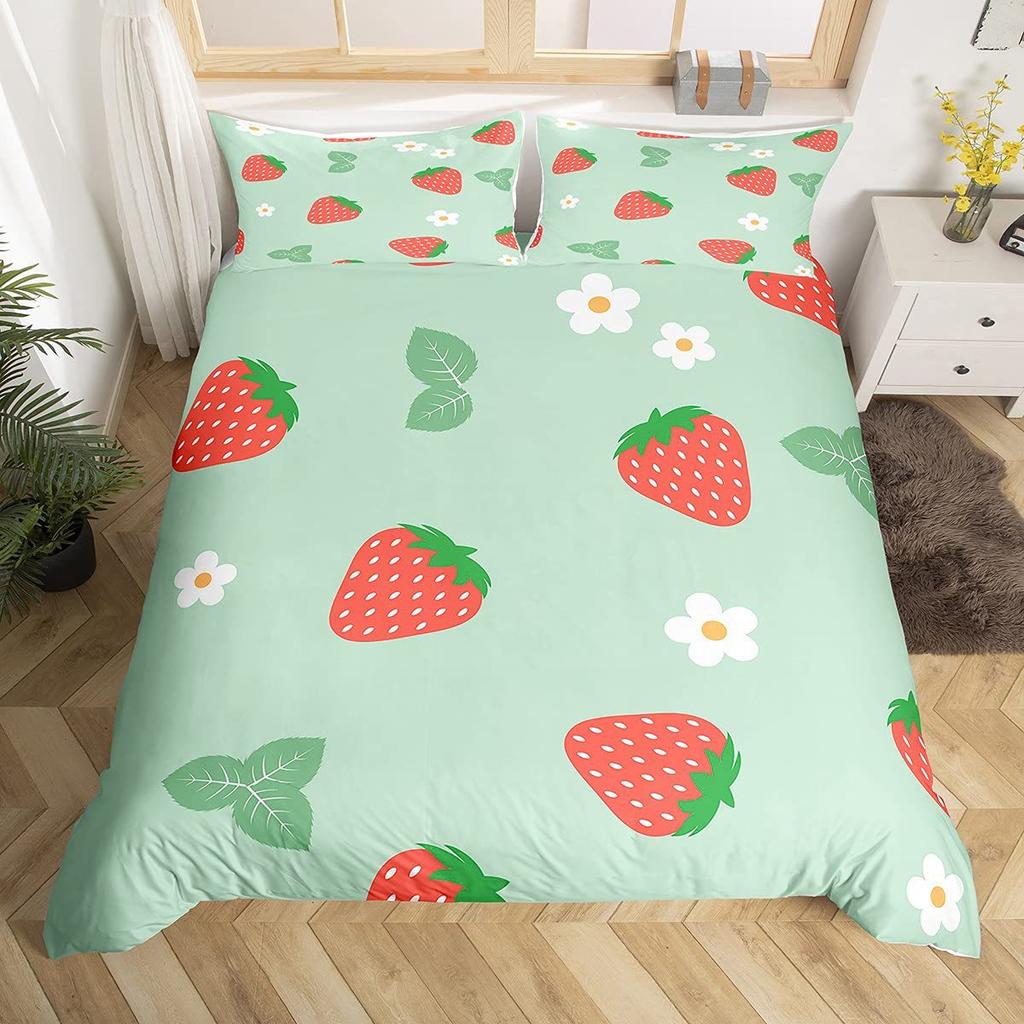 Strawberry Pink Duvet Cover Cute Fruit Print Bedding Three-piece Set Girl Room Decoration