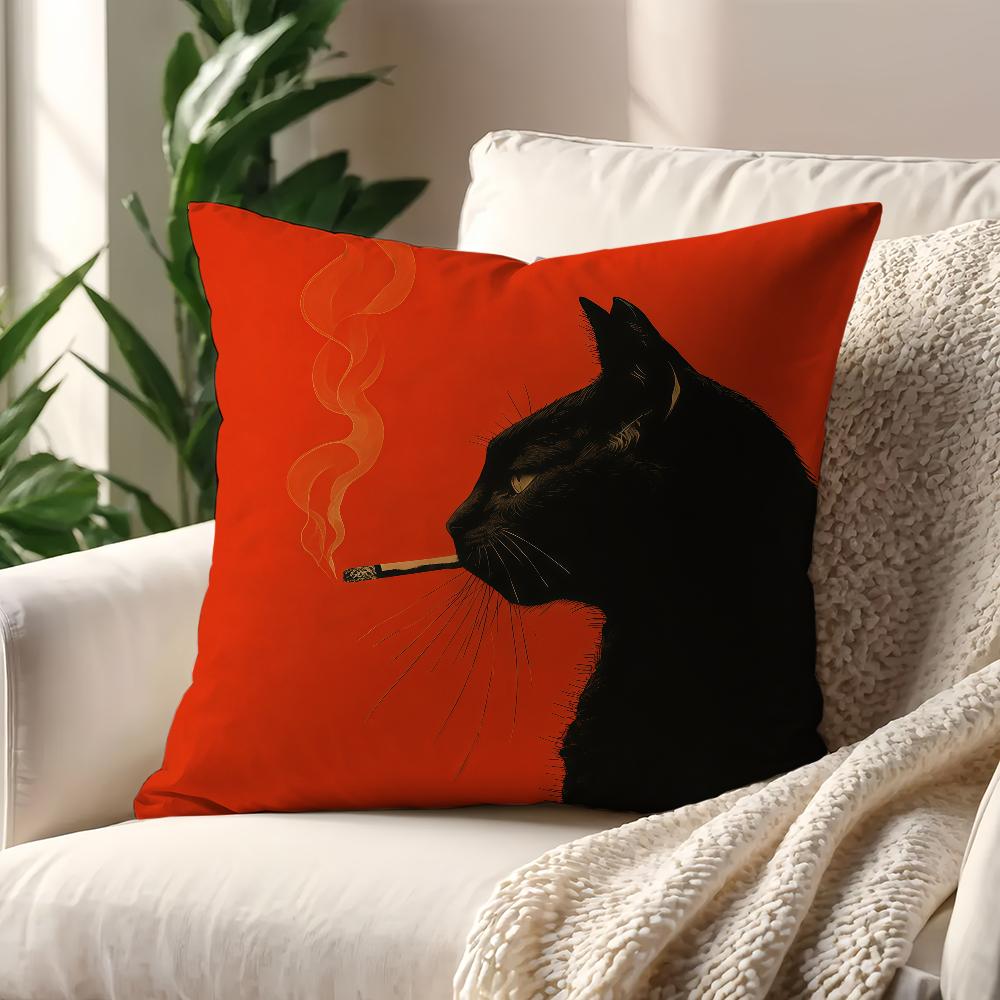 A Vintage Black Cat Smoking Cushion Cover For Pillow Printing Sofa Decoration Home Car Room Coffee Shop Office Nordic Simplicity
