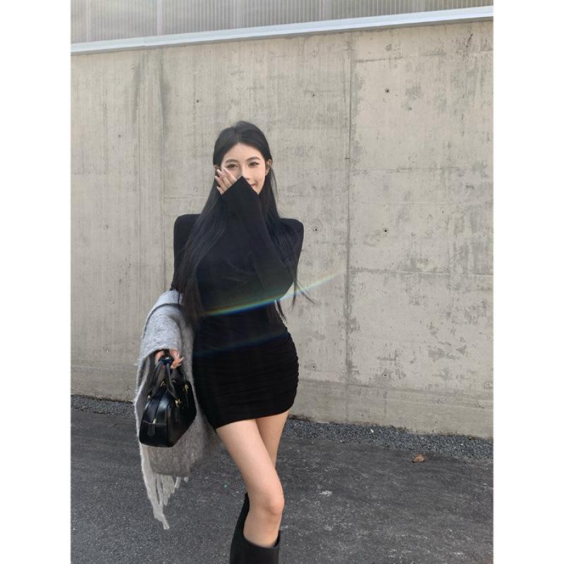 

Pure desire hot girl semi-turtleneck dress women s autumn and winter inner bottom skirt slim hip short skirt S