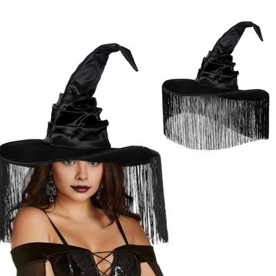 Halloween Witch Hat Pointed Tassel Decor Black Dark Style Large Brim Headwear Masquerade Parties Carnival Performance Photo Prop Cap