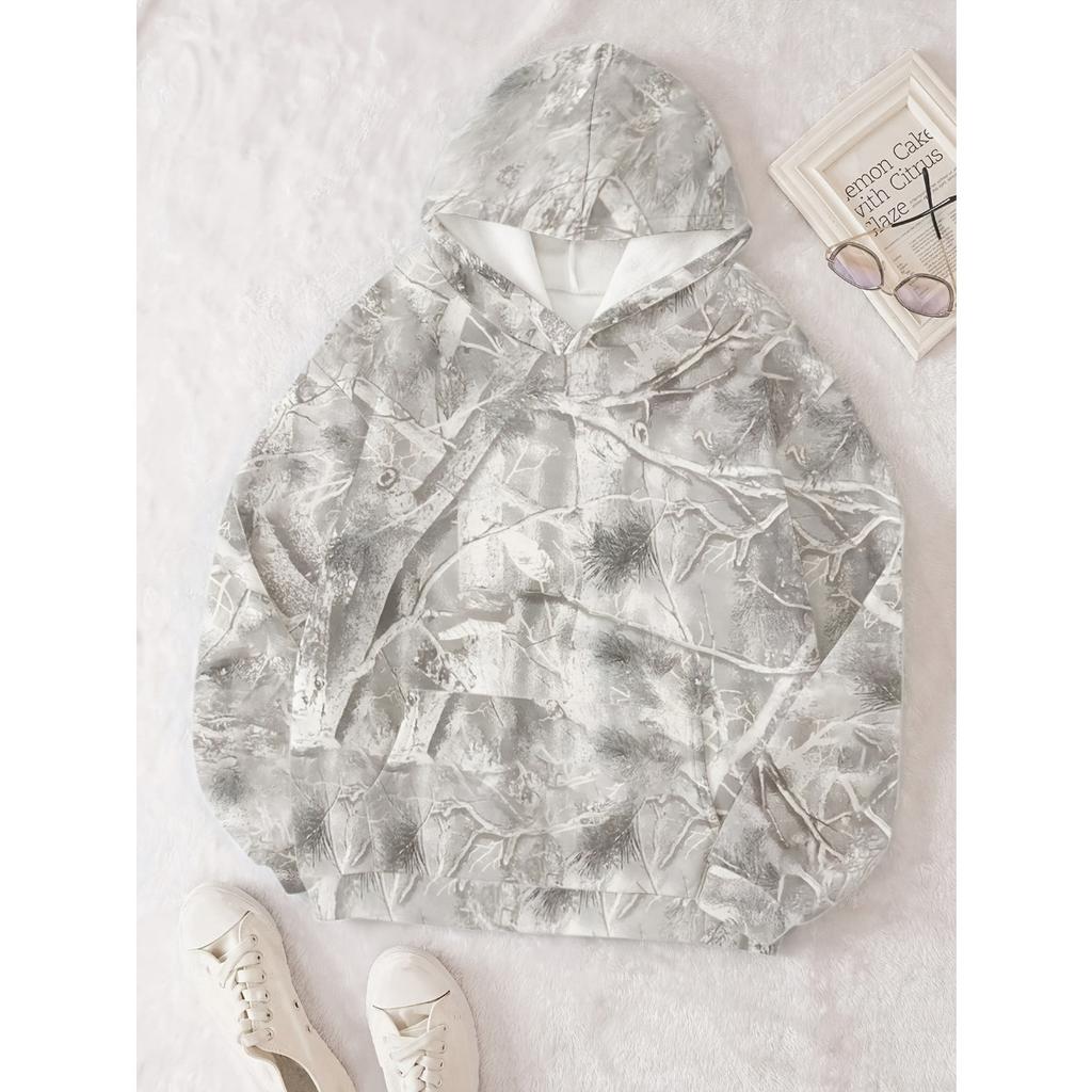 Women's Hood Neck Long Sleeve Hoodie Oversized Fit Streetwear Tree Leaf Print Sweatshirt Casual Pullover Top