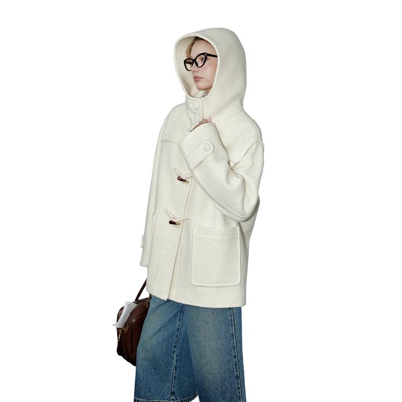 GREEN BELT Women's Hooded Toggle Wool Blend Mid-length Coat