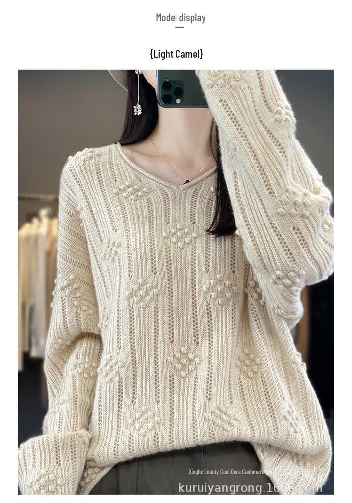 Women's V-neck Knit Wool Sweater - Autumn/Winter Loose Long Sleeve Crochet Pullover, Cashmere Base Layer, Slimming Design.