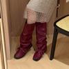 Pleated mid-tube stacking boots thick-soled boots women's autumn and winter boots tall western knight boots