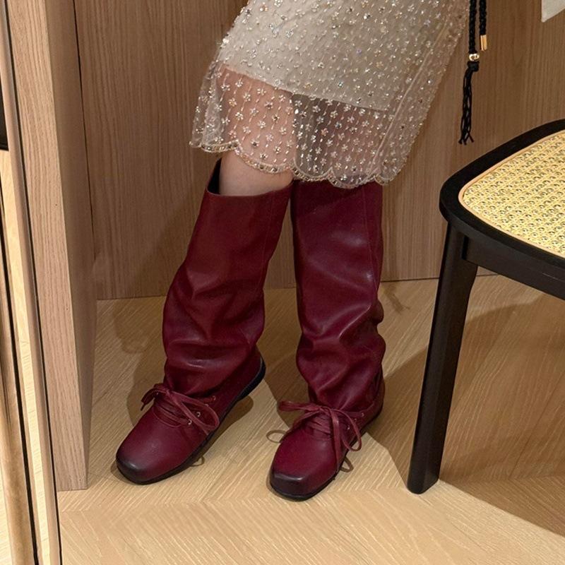 Pleated mid-tube stacking boots thick-soled boots women's autumn and winter boots tall western knight boots