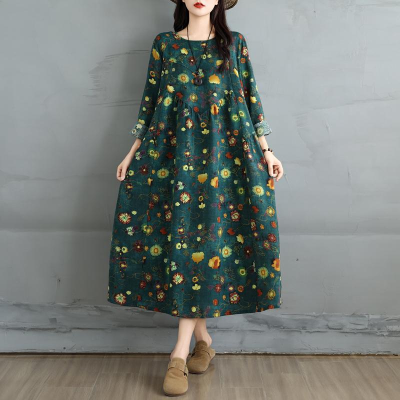 

DIMANAF 2025 Женское Весеннее Длинное Платье Большого Размера Свободное Базовое С Принтом Винтажное Повседневное Цветочное Оверсайз С Длинным Рукавом Макси One Size зелёный