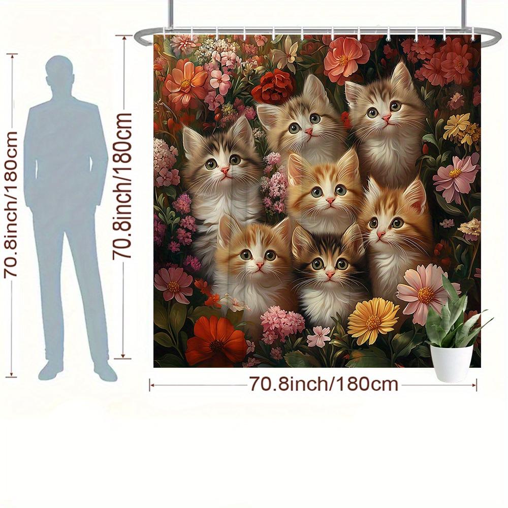 1Pc Shower Curtain - Adorable Kittens And Vibrant Flowers Design For A Cozy Bathroom Waterproof