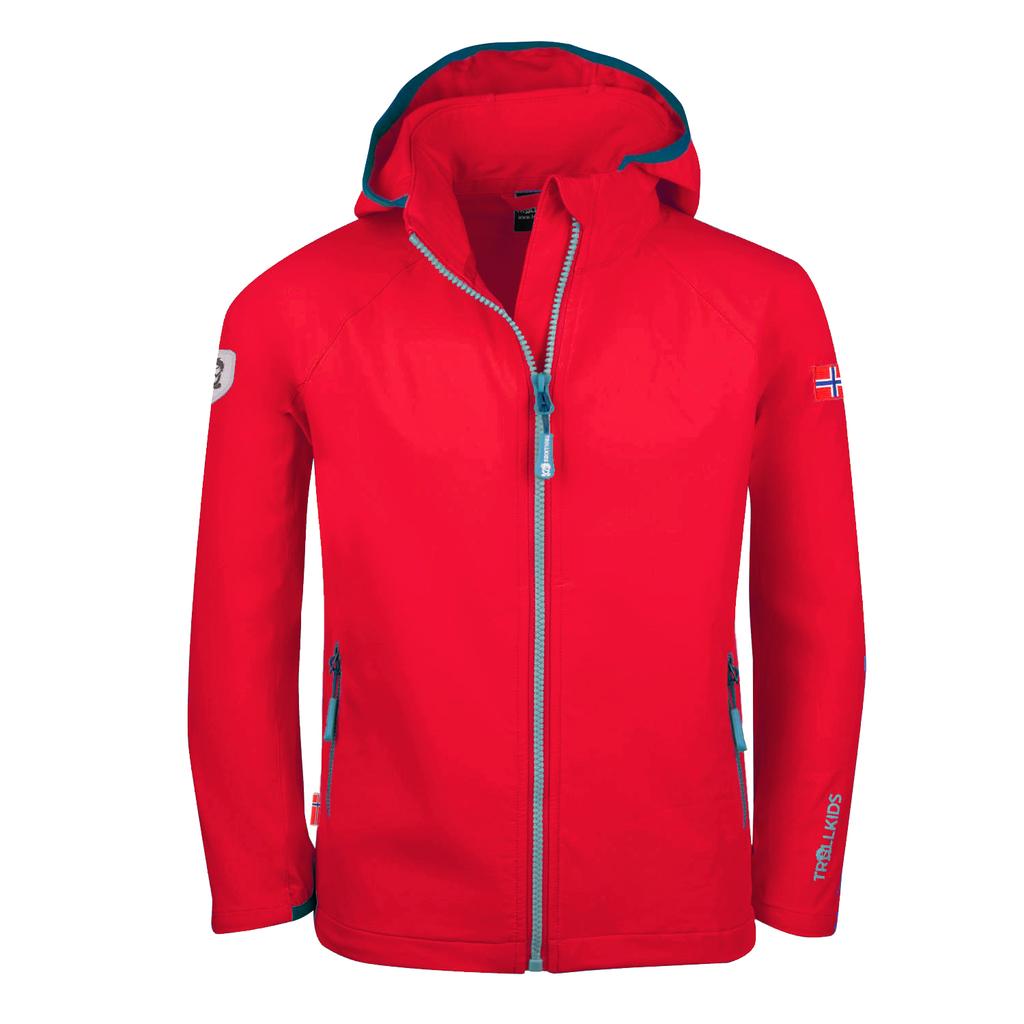 Red Trollkids Kids Kvalvika Jacket Softshell Jacket with Hood for Girl/boy (328-414)