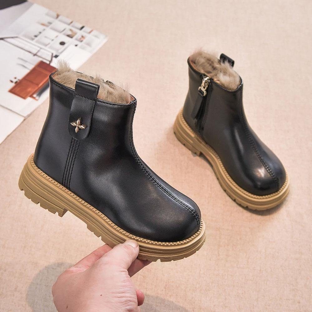 Winter Princess Plush Boots For Girls Solid Color Vintage Cotton Shoes PU Leather Waterproof Teenager Girl's Snow Boots