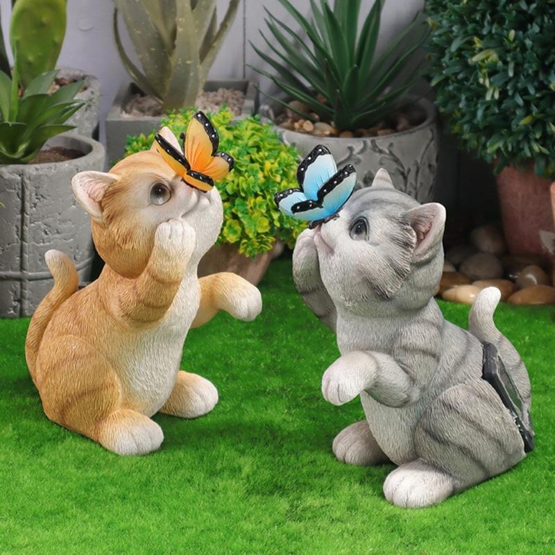 Garden Ornament Cats Solar Light Statue for Backyard Cafe Indoor Outdoor Statue Sculpture LED Cats Figurine Yard Lamp