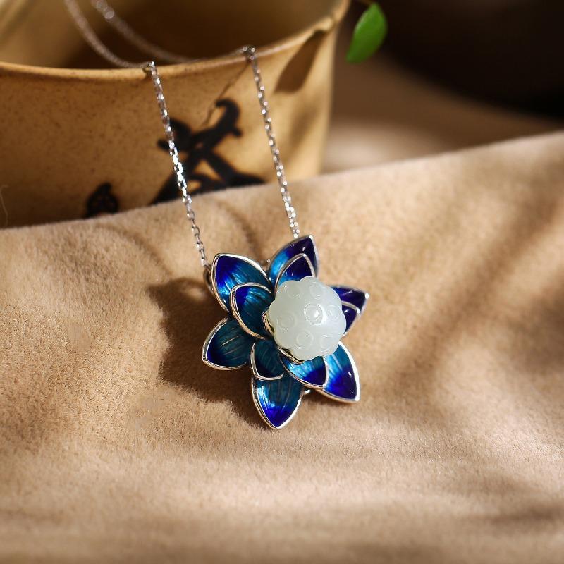 Enamel Blue Lotus Flower Necklace Natural Hetian White Jade Pendant Fresh Classical Style Jewelry For Women