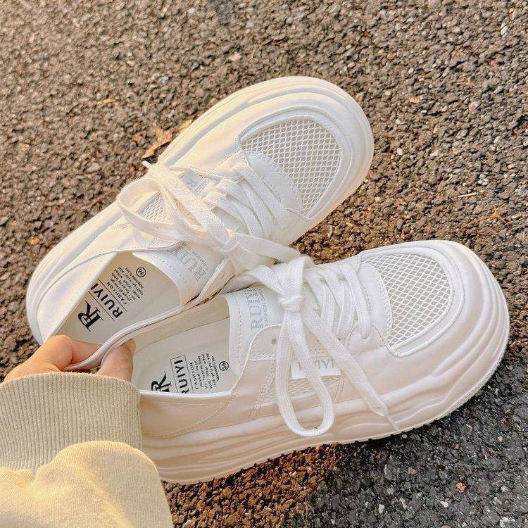 Platform White Shoes Women's Summer Mesh Shoes Women's Breathable Mesh Two and a Half Slippers with Wide-leg Pants Shoes Sports Board Shoes