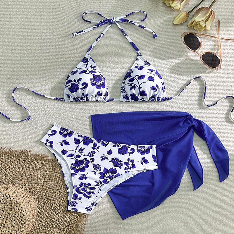 2025 European & American Print Lace-Up Bikini: Sexy Three-Piece Swimsuit Women's Beachwear