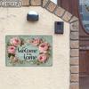 Vintage Welcome Sign, Rustic Floral Metal Wall Decor, Pink Roses Home Entry Art 12x8