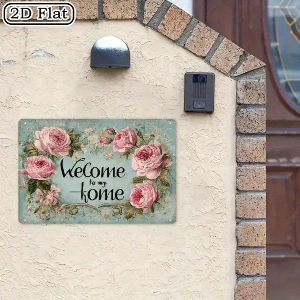 Vintage Welcome Sign, Rustic Floral Metal Wall Decor, Pink Roses Home Entry Art 12x8