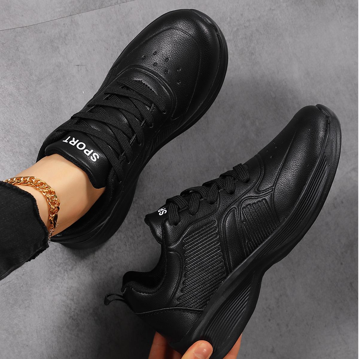 

All black sports shoes casual women s leather surface waterproof soft sole light pure long standing not tired feet work shoes large size 35