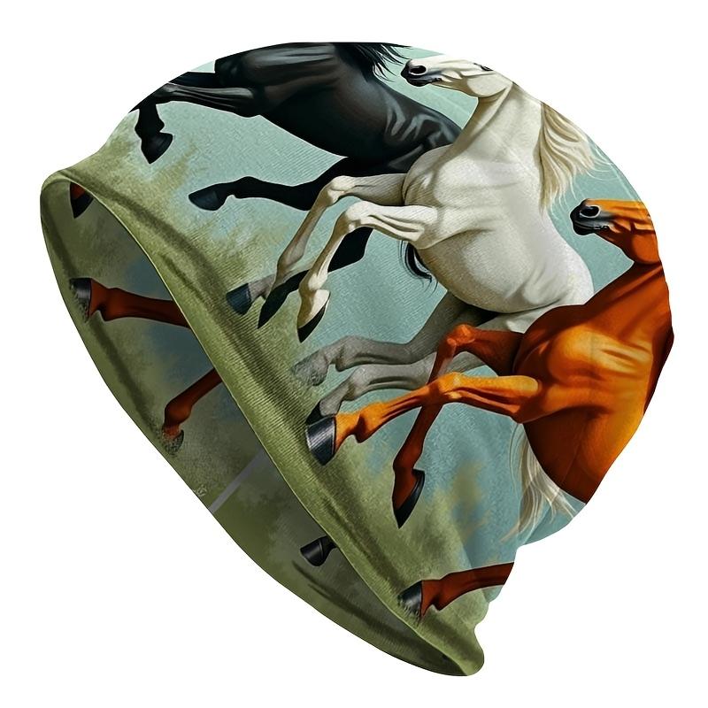 1 Unisex Sporty Animal-Themed Knit Beanie - Galloping Tricolor Horse Design, Durable Knit Fabric, Comfortable Stretch Fit, Casual Outdoor Hat, Festiva