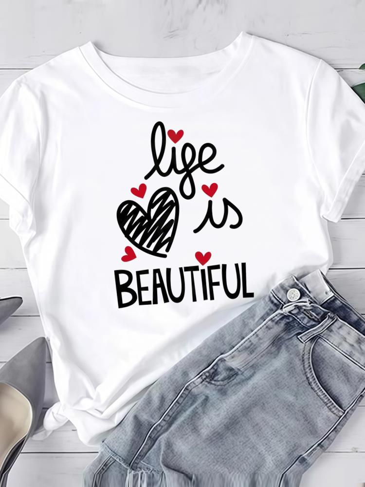 (Asiatische Größe) Liebe Druck Kleidung T-Shirt Damen Mode Tee Top Frau Druck Weiblich Kurzarm Grafik-T-Shirts