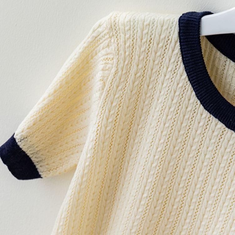 Damen Rundhals Eisseide T-Shirt Damen Sommer Farbblock Gehäkeltes T-Shirt Locker Übergröße Oberteil