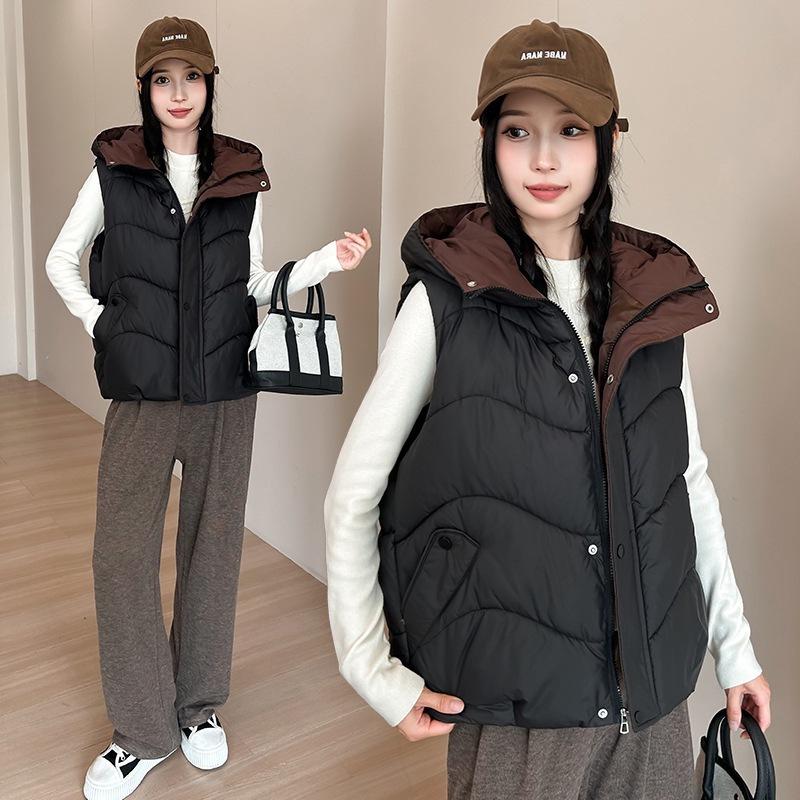Women's Winter Hooded Down Cotton Vest Sleeveless Cotton Jacket Vest Warm Loose Casual Foreign Cotton Vest