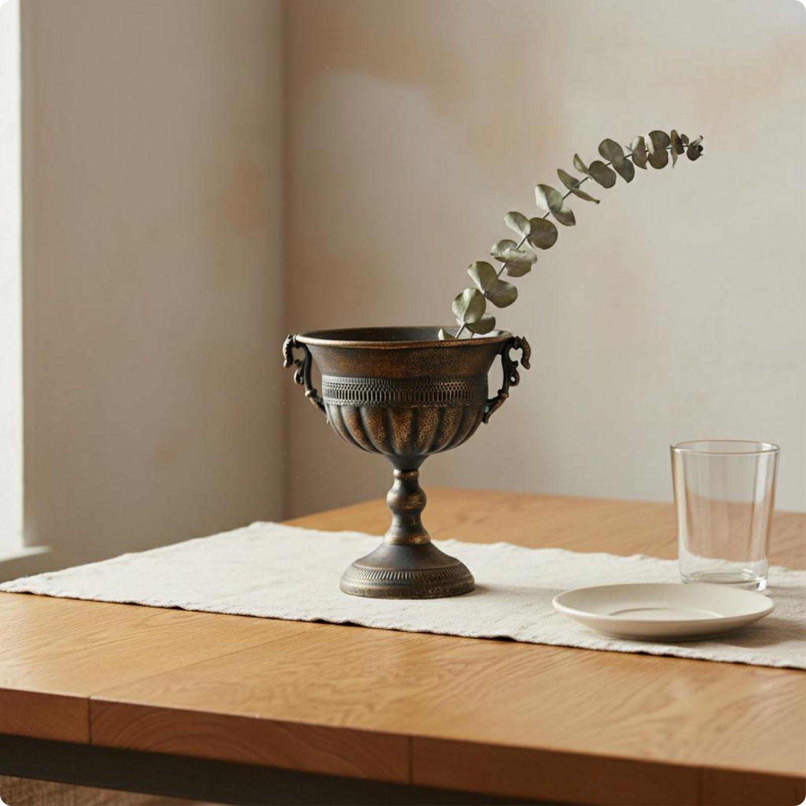 Iron Floral Vase Distressed Finish Vintage Tabletop Display Ornate Pedestal Planter for