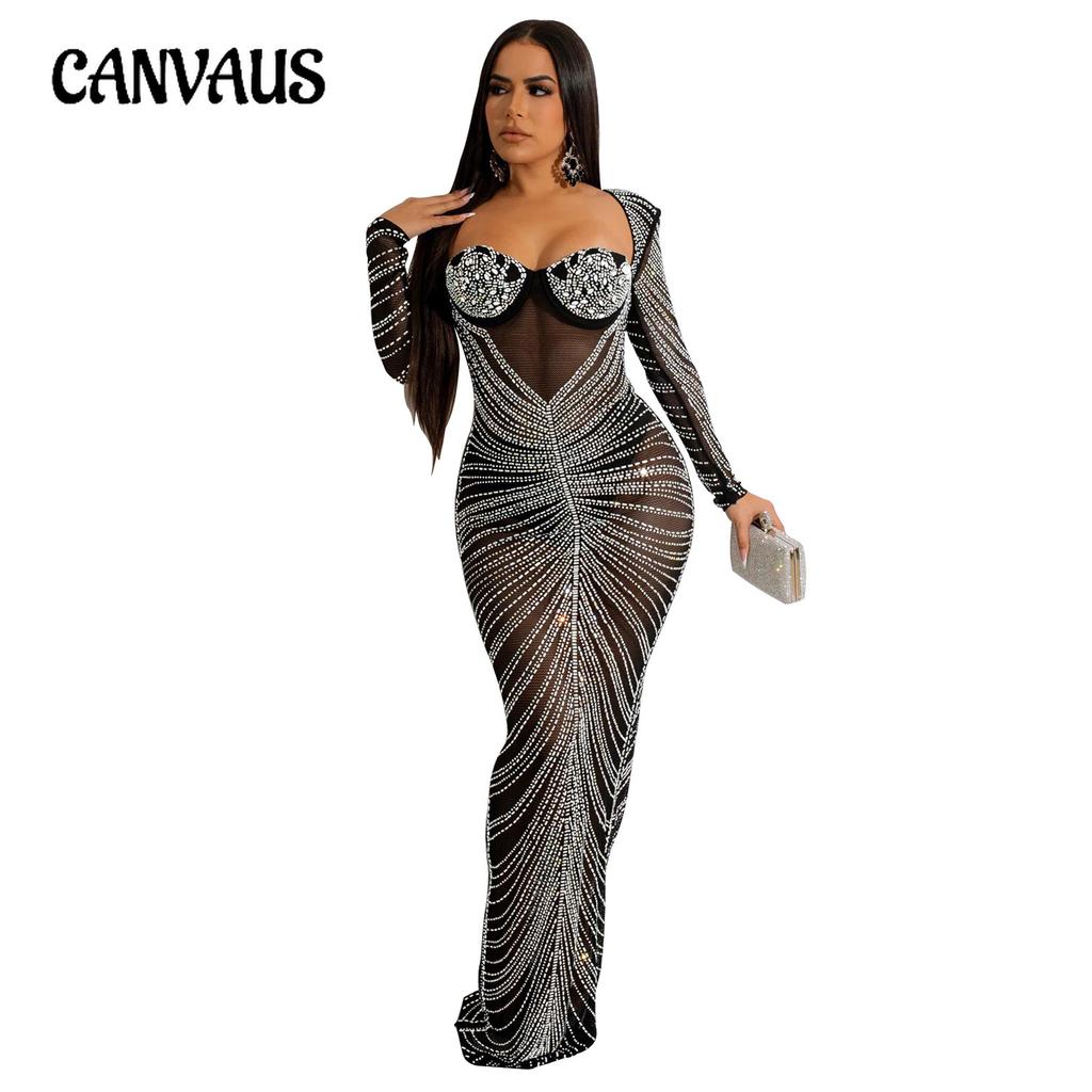 Modisches, durchsichtiges, langärmliges Kleid aus Drillichnetz für Damen