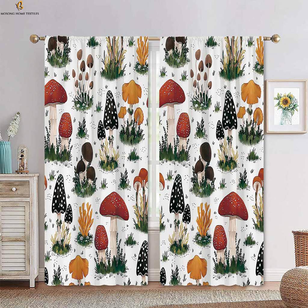 Psychedelic Mushroom Cartoon Print Curtains Polyester Bedroom Living Room Kitchen Decorative Set Of 2 Made Area Decor