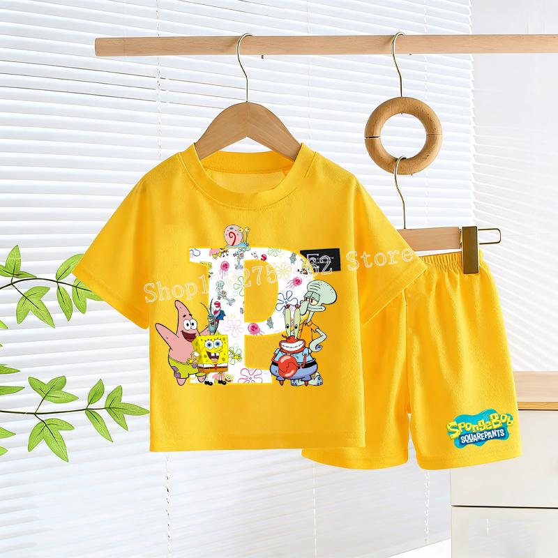 SpongeBobs T-shirt Shorts Set Kids Cute Letter A-Z Tees Pants Children Summer Outdoor Sports Short Sleeve Trousers Boy Girl Gift