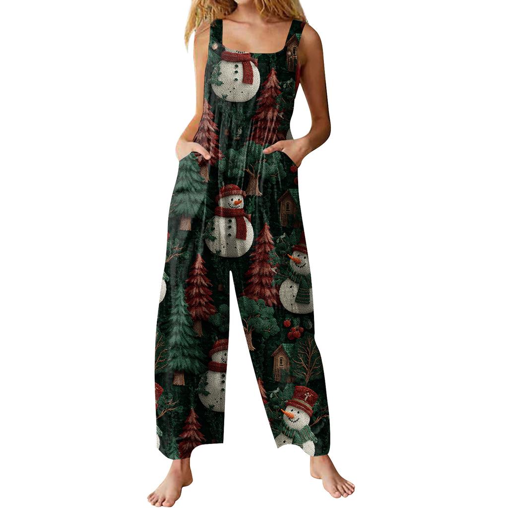 Womens Casual Overalls Jumpsuits Adjustable Straps Sleeveless Print Comfy Rompers With Pocket