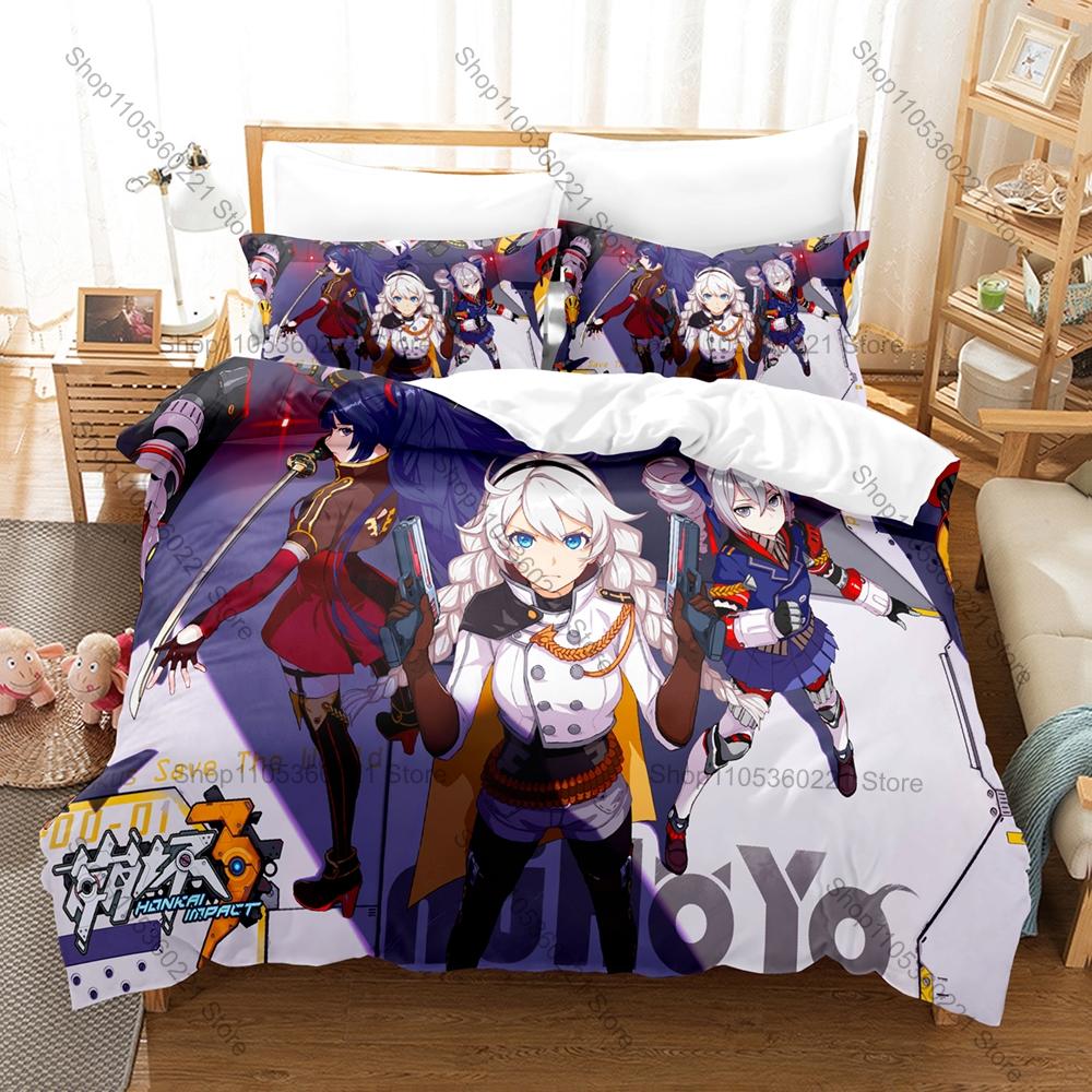 Honkai Impact 3 Bedding Set Duvet Cover + 2 Pillowcases Valkyrie Kiana Mei Bronya Anime Game Bedroom Decor