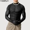 INCERUN Men Long Gloves Sleeve See Through Tops Club Party Mesh Skinny T-Shirts