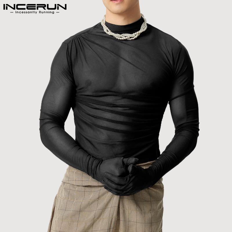 INCERUN Men Long Gloves Sleeve See Through Tops Club Party Mesh Skinny T-Shirts