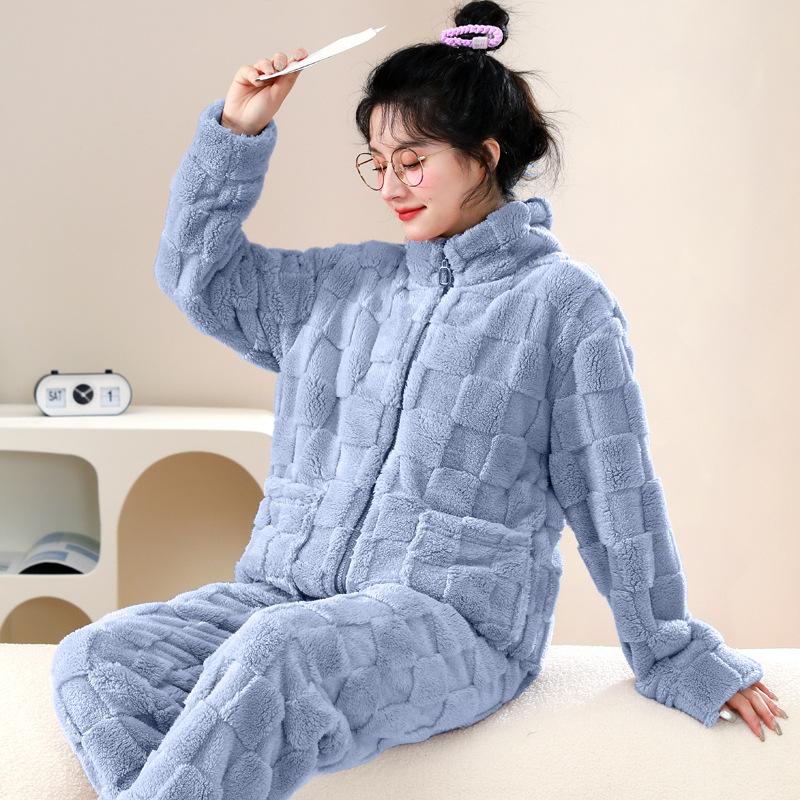 Flannel Thickened Velvet Pajamas Set Winter Long-sleeved Coral Velvet Pajamas for Women Warm Simple Solid Color Home Clothes
