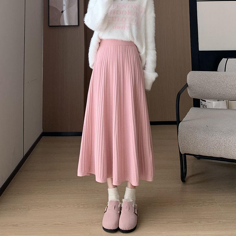 Korean Version Knitted Pleated Skirt Half Skirt, High Waisted A-line Mid Length Style, Elegant Soft and Glutinous Sweater Skirt