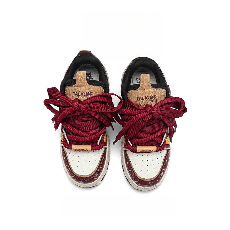 Men's Wine Red Height-Boosting Loafers - Spring/Autumn Casual Thick Sole Skate Shoes for Couples