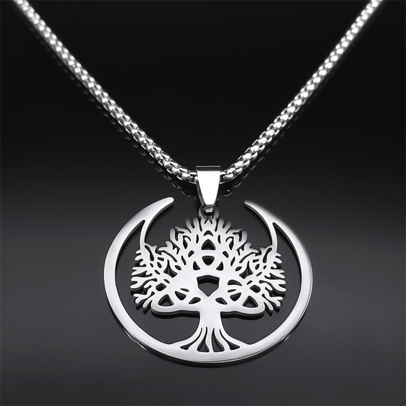 Witch Moon Trinity Knot Tree of Life Necklace for Women Men Stainless Steel Silver Color Aesthetic Amulet Chain Jewelry N9745S02