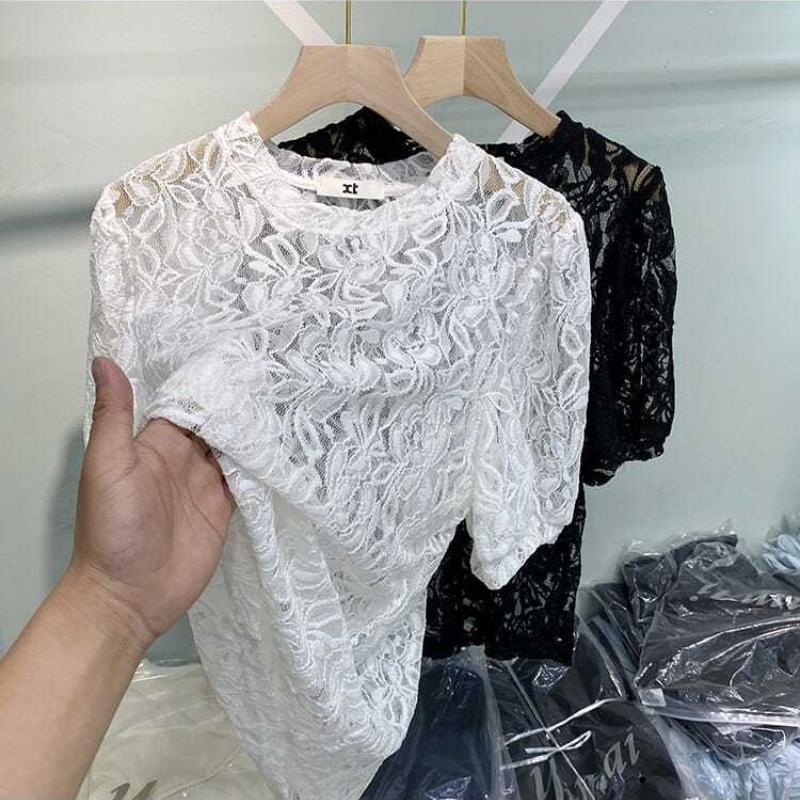 Tops Y2k Camisetas Mujer Manga Corta Cuello Redondo Camisetas Blancas Ropa Mujer Moda Hueco Encaje Camiseta Transparente Camiseta de Verano